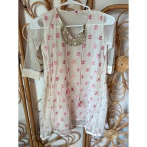 Girls Indian Embroidered Kurta Tunic Top Pink Floral Gold Sequins Size 8-9 Years